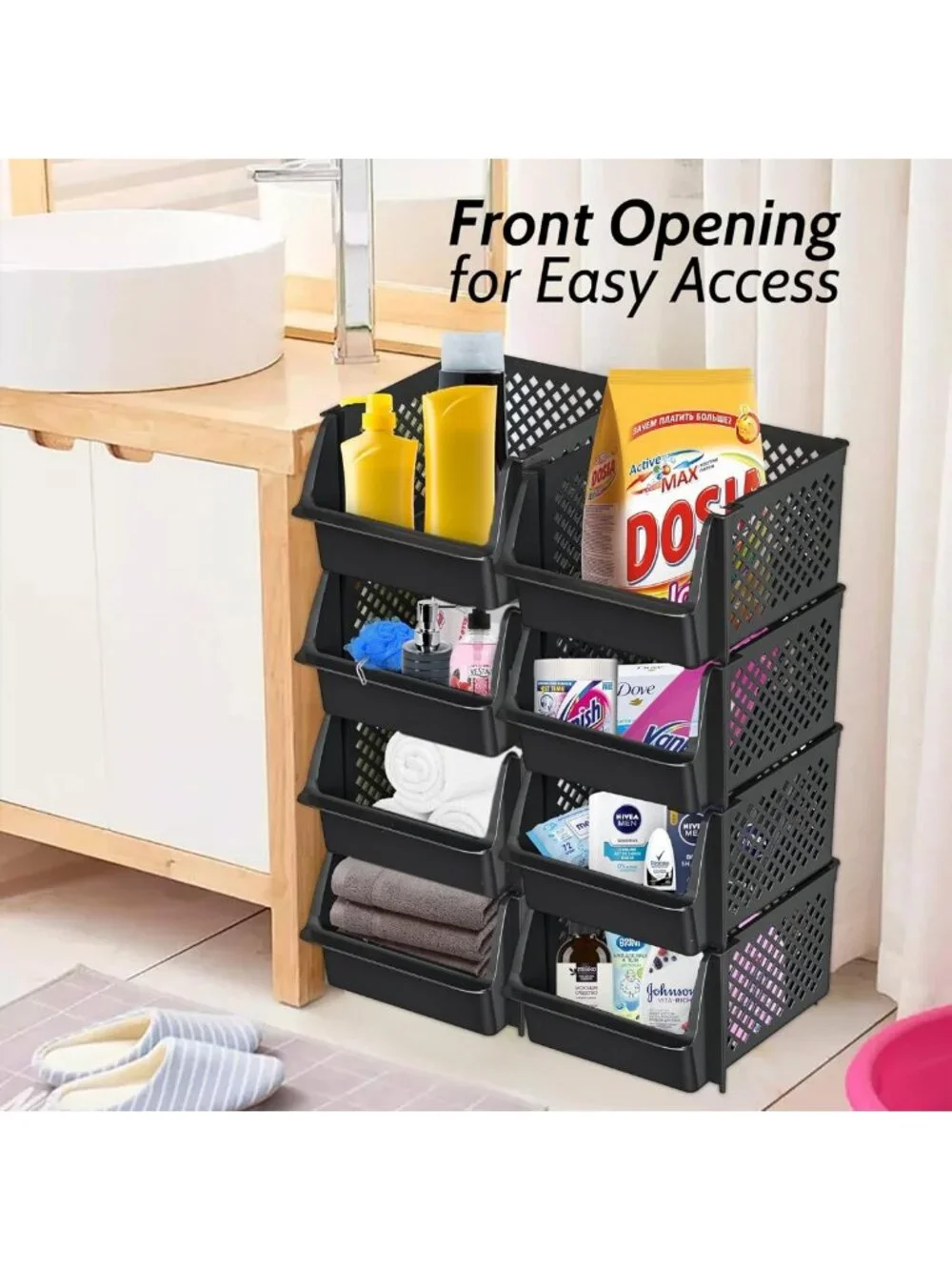 Stackable Storage Bins for Pantry - 4 Pack, Open Front Access, Space-Saving